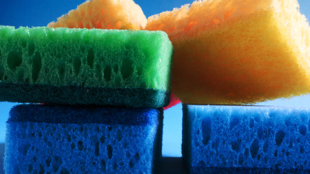 Many blue, red, yellow, green sponges are used to wash and wipe the dirt used by housewives in everyday life. They are made of porous material such as foam. good detergent retention.の写真素材
