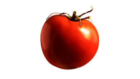 One fresh tasty red tomato. Juicy multi-celled berry. An annual or perennial herb. Vegetable culture. Juicy tomato with a green stem on a white backgroundの写真素材