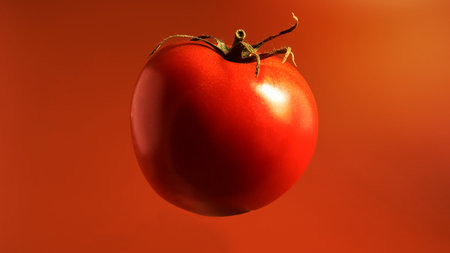 One fresh tasty red tomato. Juicy multi-celled berry. An annual or perennial herb. Vegetable culture. Juicy tomato with green stemの写真素材