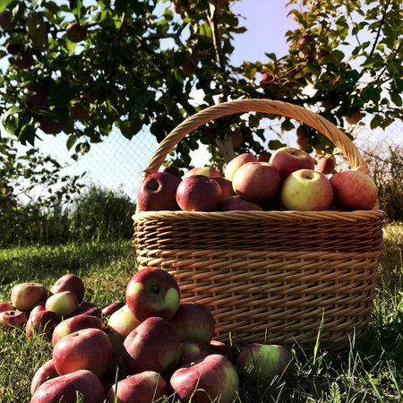 Sweet fruit apple growing on tree with leaves green, natural plant product hanging on branch. Apple photo consist of whole ripe raw fruit, tree with branches. Eat tasty juiced apples on health.の写真素材