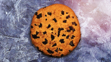 One soft, freshly baked chocolate chip cookie on a gray marble kitchen countertop. American traditional pastry, dessert. Delicious sweet food. Flat lay.の写真素材