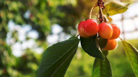 Ripe red and sweet cherry berries hanging from a tree branch before harvest in early summer. A tree with delicious and juicy dark red bird cherry fruits hanging from a tree branchの写真素材
