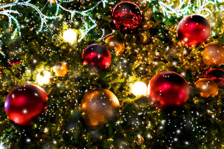 Closeup christmas tree and red ball hanging with snowの写真素材