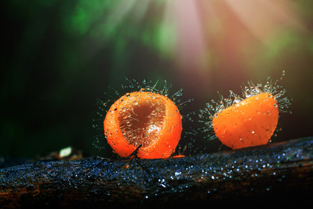 Cookeina tricholoma or Phylum Ascomycota with droplet on a dead wood in the rain forest,Wild...