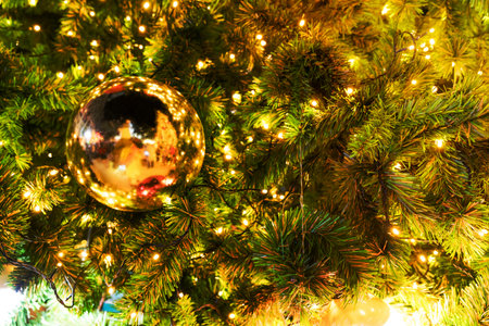 Closeup christmas tree and gold ball hangingの写真素材