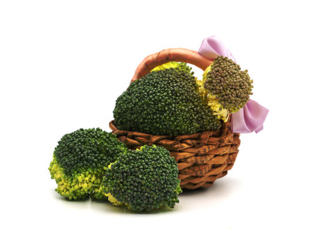 broccoli in basket  isolated on white backgroundの写真素材