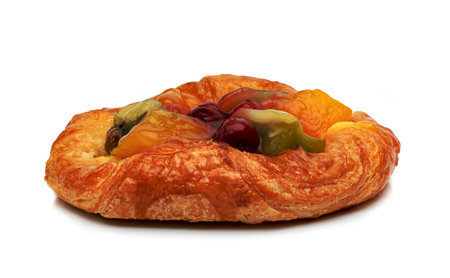danish pastry with fruits isolated on white backgroundの写真素材