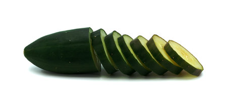 Fresh japanese cucumber sliced isolated on white backgroundの写真素材