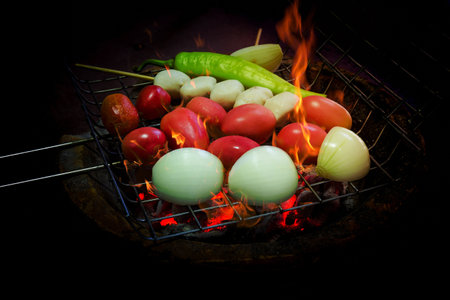 grilled vegetable and meat ball with charcoal stoveの写真素材