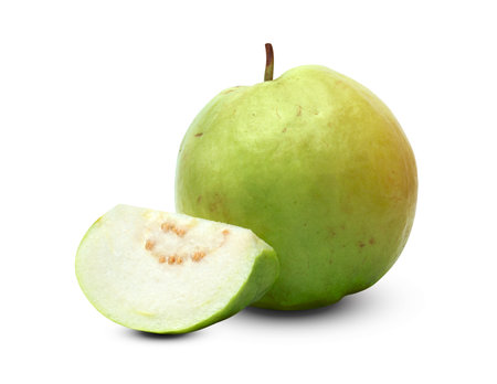 Green Guava fruit slice isolated on white background ,include clipping pathの写真素材