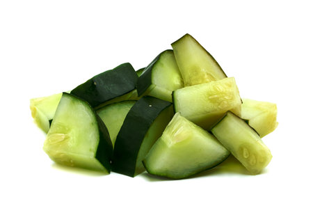 Fresh japanese cucumber sliced isolated on white backgroundの写真素材