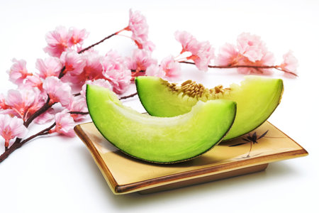 Fresh melons sliced with cherry blossom isolated on white backgroundの写真素材