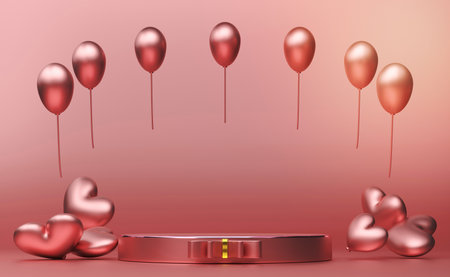 podium empty with geometric shapes in pink pastel composition for modern stage display and minimalist mockup ,birthday balloons and party or celebrations ,3d illustration or 3d renderの写真素材