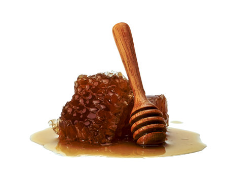 Fresh Honeycomb slice and wooden honey dipper isolated on white backgroundの写真素材