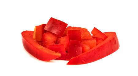 red chopped sweet bell pepper isolated on white backgroundの写真素材