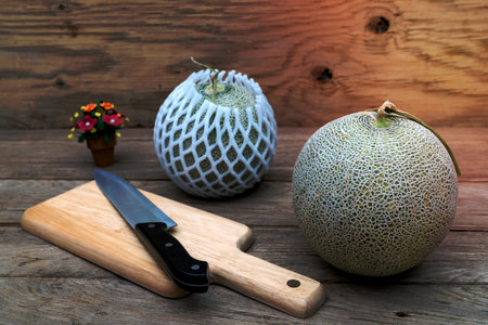 melon and knife on cutting boardの写真素材