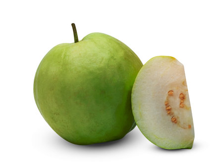 Green Guava fruit slice isolated on white background ,include clipping pathの写真素材