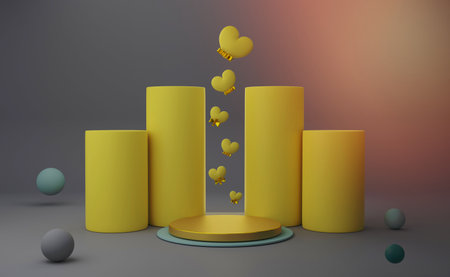 Podium empty with yellow heart shapes in gray composition for modern stage display and minimalist mockup ,valentine's day background ,Concept 3d illustration or 3d renderの写真素材