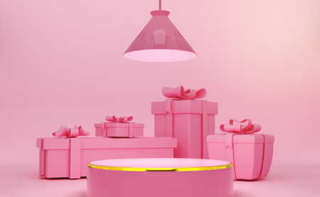 podium empty with geometric shapes in pink pastel composition for modern stage display and minimalist mockup ,abstract showcase background ,Concept 3d illustration or 3d renderの写真素材