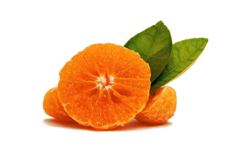 half of orange and green leaf isolated on the white background,Thai fruitの写真素材