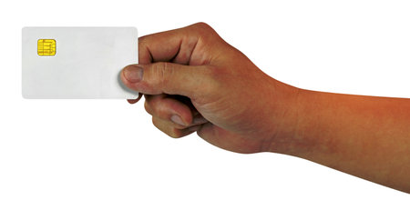 Hand holding blank white credit card isolated on white background,Plastic debit-card,include clipping pathの写真素材