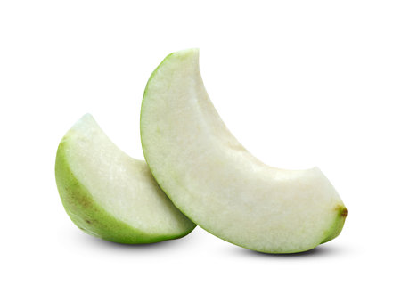 Green Guava fruit slice isolated on white background ,include clipping pathの写真素材