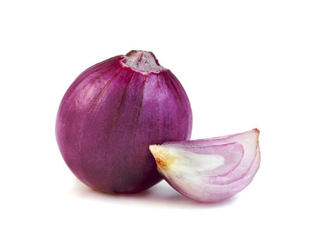 shallots onion cut in half isolated on a white backgroundの写真素材