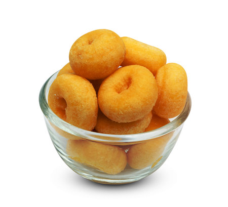 small sugar ring donut with glass bowl isolated on white background ,include clipping pathの写真素材
