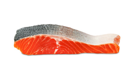 Piece of fresh salmon fillet sliced isolated on white backgroundの写真素材