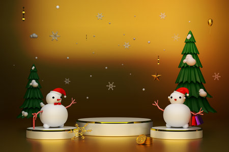 Podium Empty with Snow man and Christmas tree in Gold composition for modern stage display and minimalist mockup ,Concept Christmas and a festive New Year, 3d illustration or 3d renderの写真素材