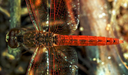 orange dragonfly standing by wood with nature backgroundの写真素材
