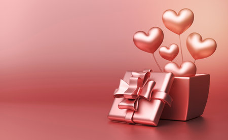 podium empty with geometric shapes and gift box in pink pastel composition for modern stage display and minimalist mockup ,birthday balloons and party or celebrations ,3d illustration or 3d renderの写真素材