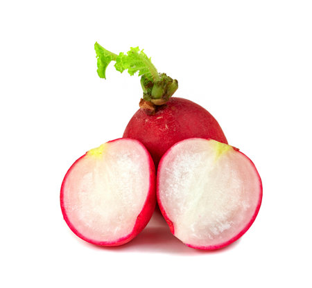 small red radish sliced isolated on white backgroundの写真素材