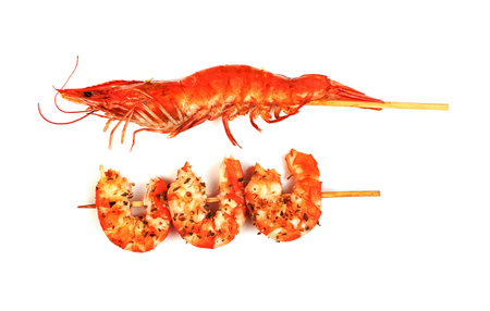 roasted peeled prawn with skewer isolated on white background ,grilled shrimpの写真素材