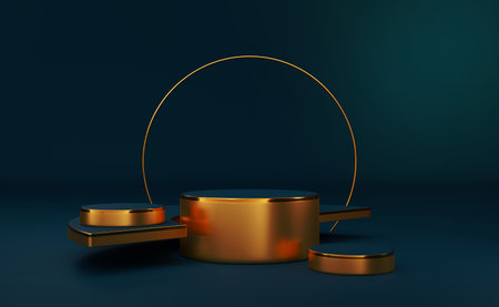 podium empty with geometric shapes in blue composition for modern stage display and minimalist mockup ,abstract showcase background ,Concept 3d illustration or 3d renderの写真素材