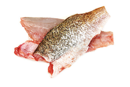 barramundi or seabass fish sliced isolated on white backgroundの写真素材