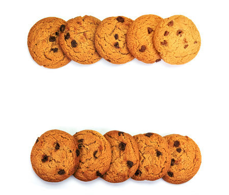 Chocolate chip cookies isolated on white background.の写真素材
