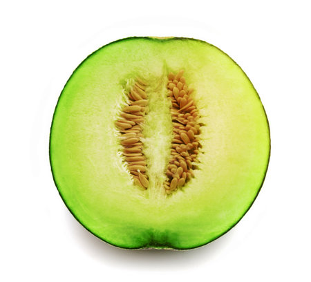 closeup half of melon isolated on white backgroundの写真素材