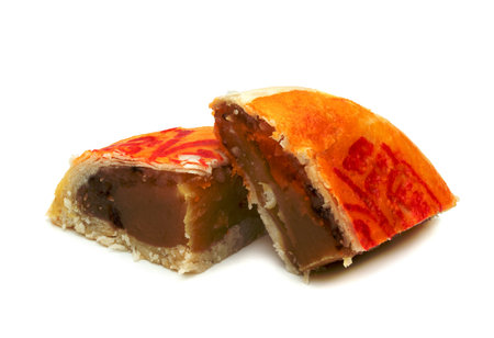 Bean cake with salted egg yolk or Mooncakes or Chinese pastries isolated on white backgroundの写真素材