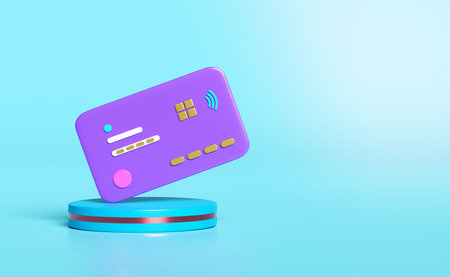 3d credit card with stage podium isolated on blue background. saving money wealth business, cashback money refund concept, 3d render illustration, include clipping pathの写真素材