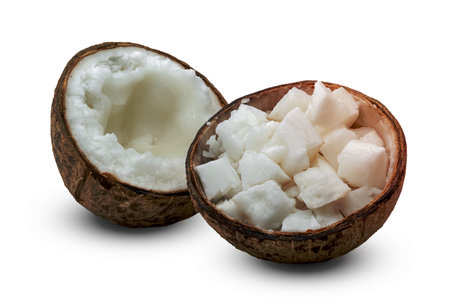 Coconut milk tropical fruit or fluffy coconut chopped isolated on white backgroundの写真素材