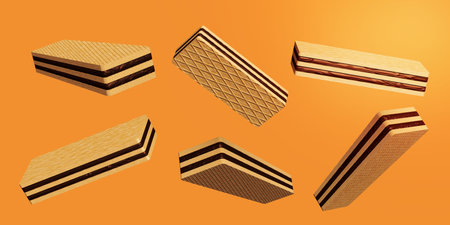 chocolate coated crispy wafer sticks set isolated on brown background. advertising for packaging, 3d render illustration, clipping pathの写真素材