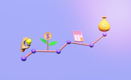 3d business analysis strategy concept isolated on purple background. calculator, charts graph, money bag, hands holding light bulb, tree icon for bank, finance, investment, 3d render illustrationの写真素材