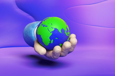 3d hand holding planet earth from plasticine isolated on blue background. world clay toy icon, earth day concept, 3d render illustrationの写真素材