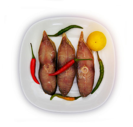 Fourfinger threadfin dried fish with white dish, isolated on white background,clipping pathの写真素材
