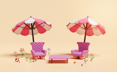 3d two sofa chair with pink umbrella or parasol, sofa chair, flower, coffee table isolated on cream color background. 3d render illustrationの写真素材