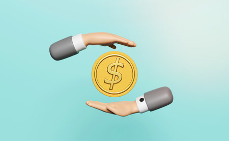 3d businessman hands protecting coins  isolated on blue background.

saving money wealth business concept, 3d render illustrationの写真素材