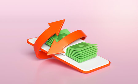 3d mobile phone, orange smartphone with money banknote, stack isolated on pink background. transfer arrows, cashback, saving money wealth business, cashback money refund concept,3d render illustrationの写真素材
