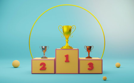 Golden champion cup or trophies and winners podium in sky blue pastel composition for modern stage display and minimalist mockup ,abstract showcase background ,Concept 3d illustration or 3d renderの写真素材