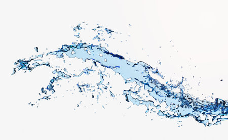3d clear blue water scattered around, water splash transparent, isolated on white background. 3d render illustrationの写真素材